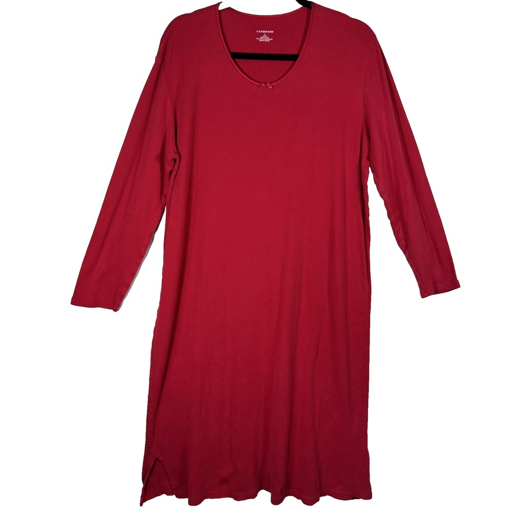 Lands' End Sleep Gown Women Large Red Good Cotton Long Sleeve V-Neck Cozy